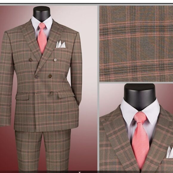 MEN'S VINCI 2 PIECE MODERN FIT GLEN PLAID DOUBLE BREASTED SUIT. MDW-2 BROWN. - Picture 1 of 1